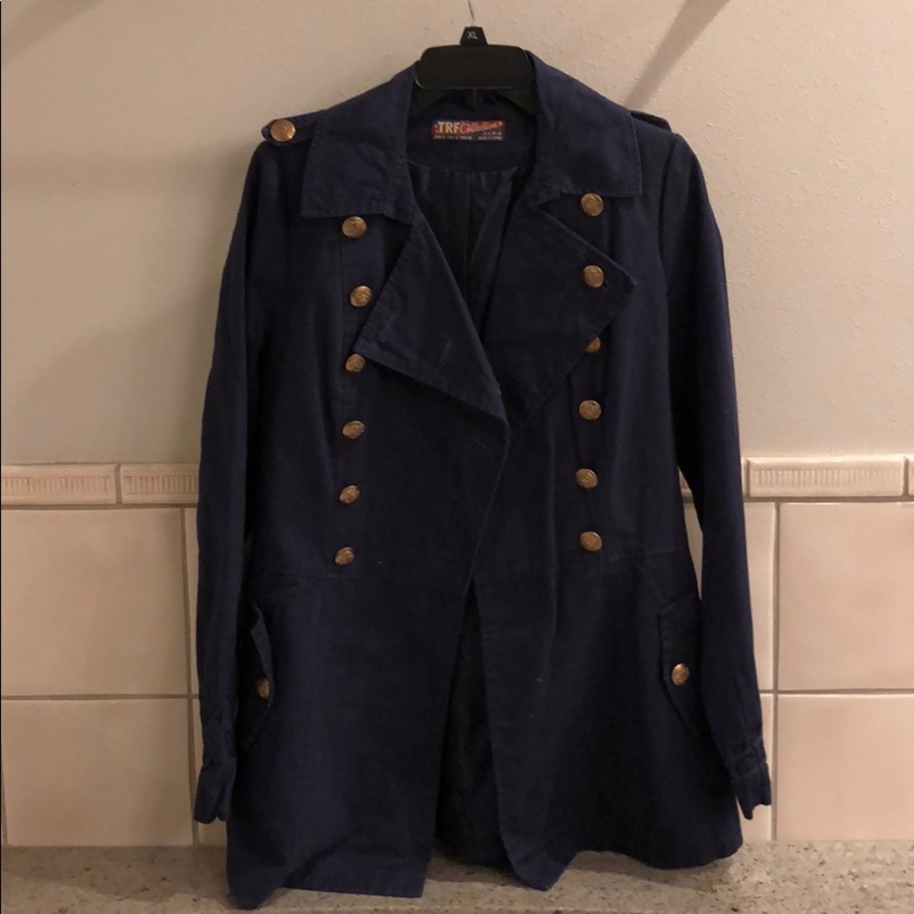New Zara navy military tailored band jacket pea coat cotton trench blazer jacket - Picture 2 of 8